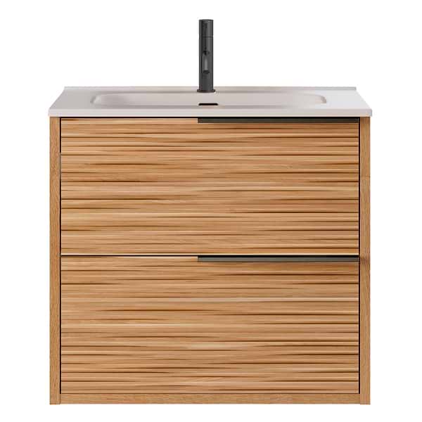 Kora Bamboo Faux Finish 24" Single Vanity with Integrated White Ceramic Top & Black Handles