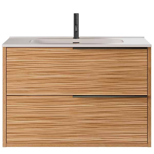 Kora Bamboo Faux Finish 32" Single Vanity with Integrated White Ceramic Top & Black Handles