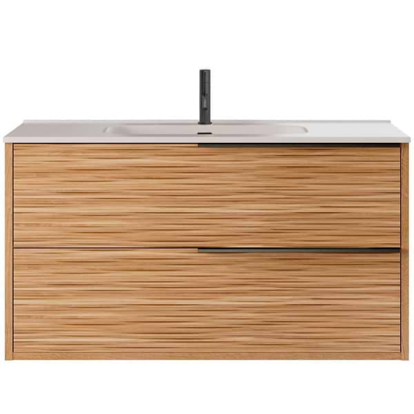 Kora Bamboo Faux Finish 40" Single Vanity with Integrated White Ceramic Top & Black Handles