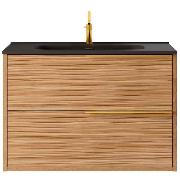 Kora Bamboo Faux Finish 32" Single Vanity with Integrated Black Ceramic Top & Gold Handles