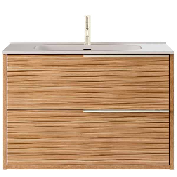Kora Bamboo Faux Finish 32" Single Vanity with Integrated White Ceramic Top & Silver Handles