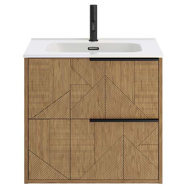 Kora Geo Faux Fluted 24" Single Vanity with Integrated White Ceramic Top & Black Handles