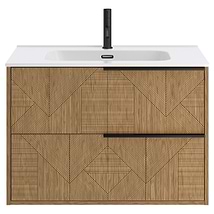 Kora Geo Faux Fluted 32" Single Vanity with Integrated White Ceramic Top & Black Handles