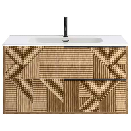 Kora Geo Faux Fluted 40" Single Vanity with Integrated White Ceramic Top & Black Handles
