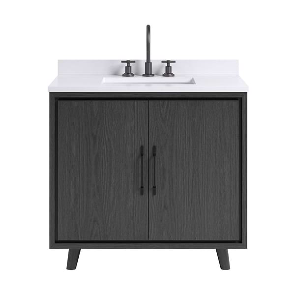 Setton Ebony Oak 36" Single Vanity with White Quartz Top by TileBar Studio Vanities, View 2, open zoomed image