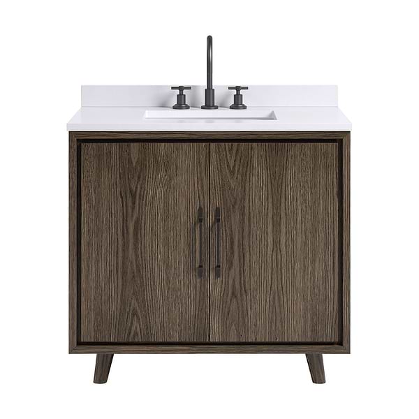 Setton Espresso Oak 36" Single Vanity with White Quartz Top by TileBar Studio Vanities, View 2, open zoomed image