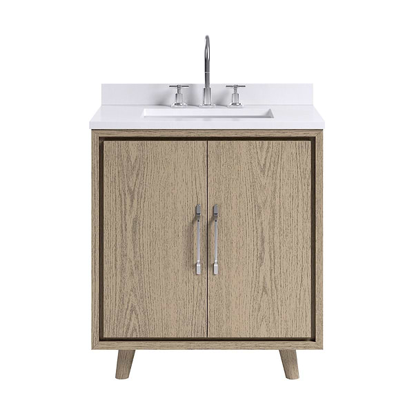 Setton Greige Ash 30" Single Vanity with White Quartz Top by TileBar Studio Vanities, View 2, open zoomed image