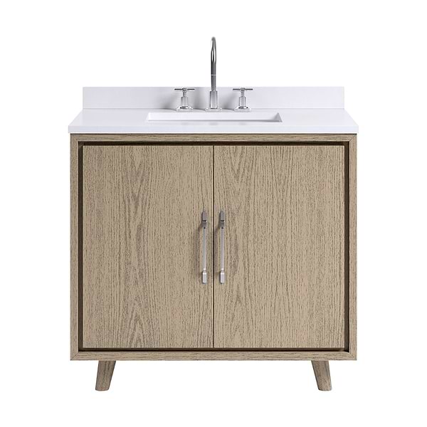 Setton Greige Ash 36" Single Vanity with White Quartz Top by TileBar Studio Vanities, View 2, open zoomed image