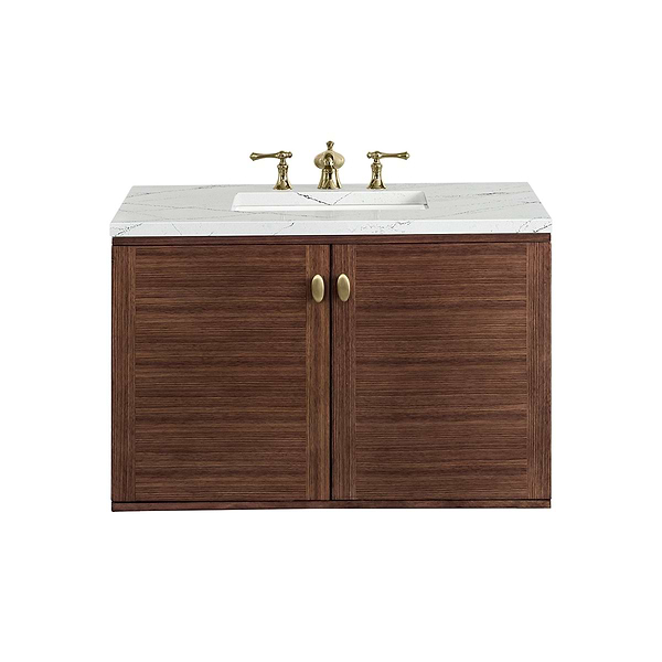 James Martin Vanities Amberly Mid-Century Walnut 36" Single Vanity with Ethereal Noctis Quartz Top