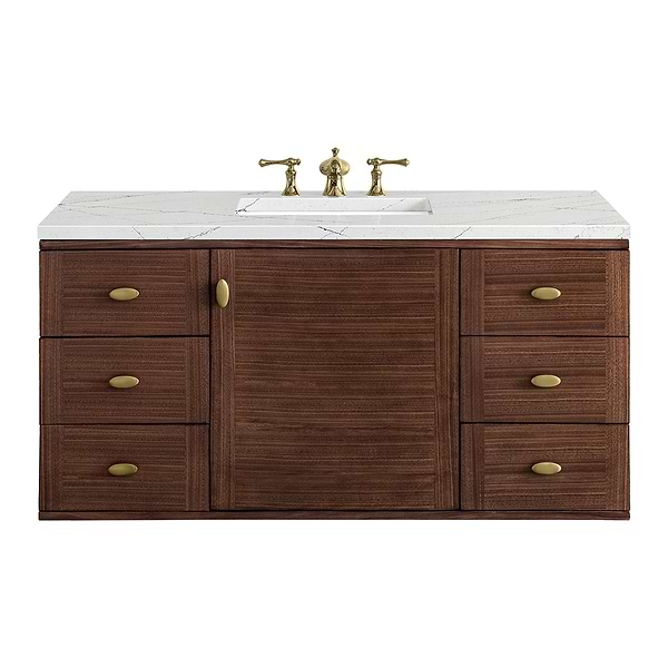 James Martin Vanities Amberly Mid-Century Walnut 48" Single Vanity with Ethereal Noctis Quartz Top