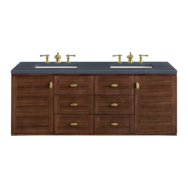 James Martin Vanities Amberly Mid-Century Walnut 60" Double Vanity with Charcoal Soapstone Quartz Top