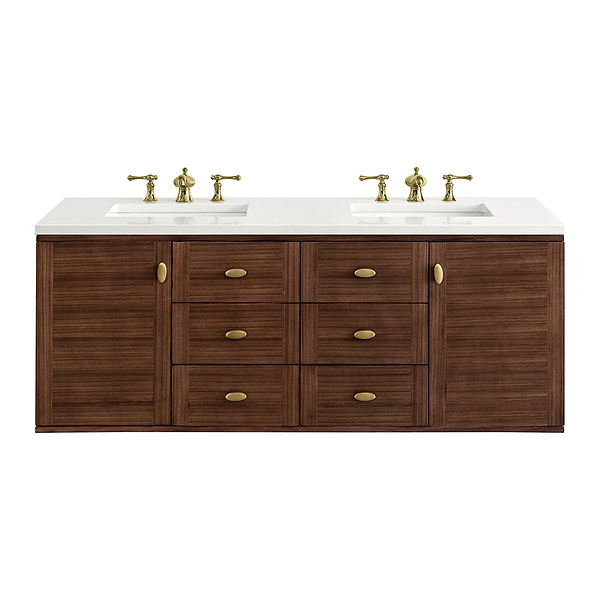 James Martin Vanities Amberly Mid-Century Walnut 60" Double Vanity with White Zeus Quartz Top