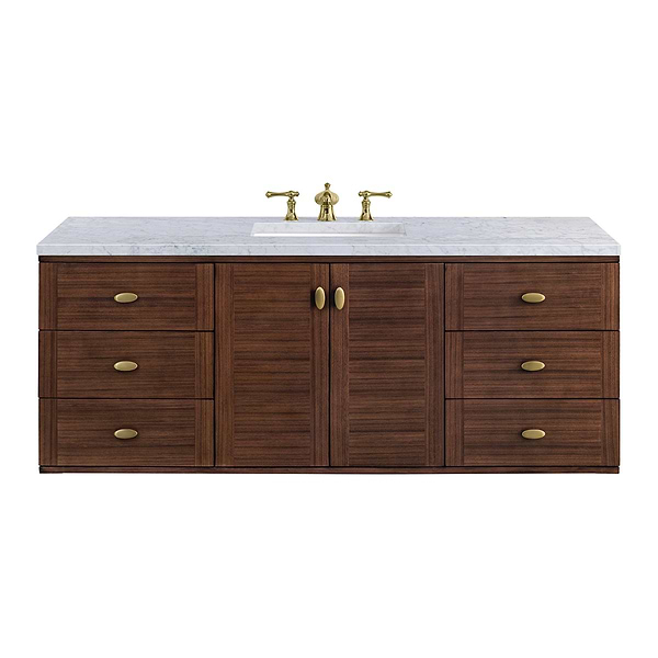 James Martin Vanities Amberly Mid-Century Walnut 60" Single Vanity with Carrara Marble Top