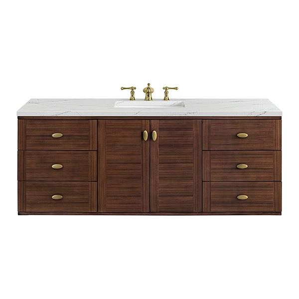 James Martin Vanities Amberly Mid-Century Walnut 60" Single Vanity with Ethereal Noctis Quartz Top