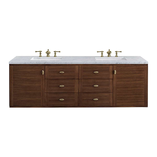 James Martin Vanities Amberly Mid-Century Walnut 72" Double Vanity with Carrara Marble Top