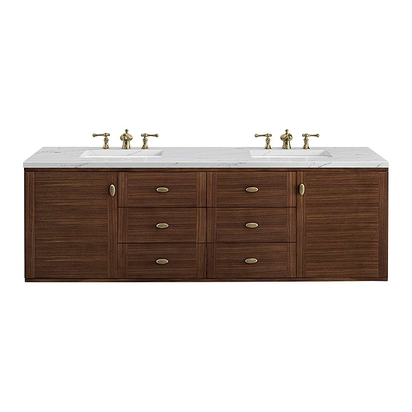James Martin Vanities Amberly Mid-Century Walnut 72" Double Vanity with Ethereal Noctis Quartz Top