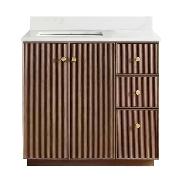 Florencia Brown Oak 36" Single Vanity with Pacific White Quartz Top