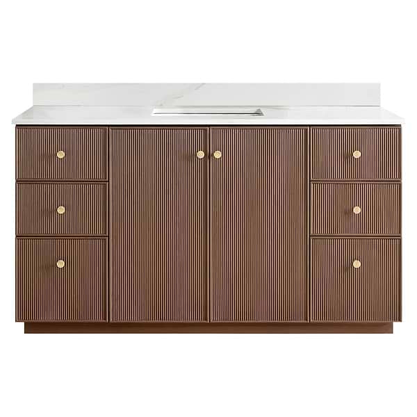 Florencia Brown Oak 60" Single Vanity with Pacific White Quartz Top