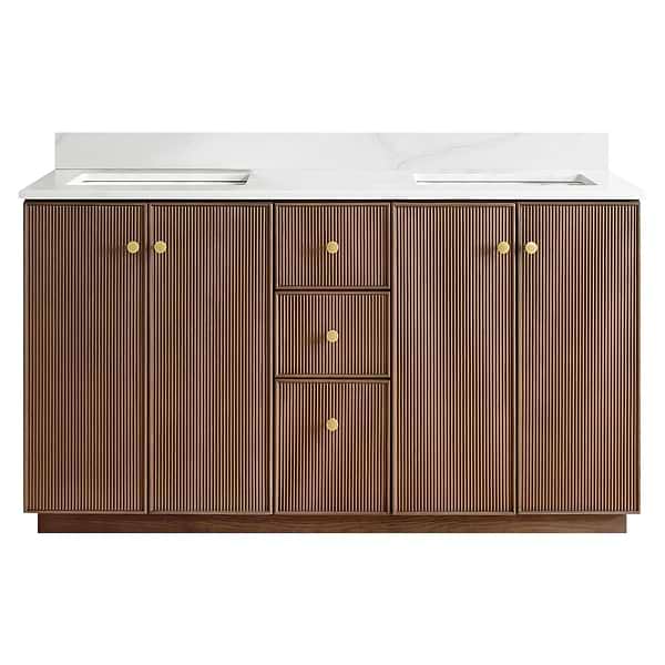 Florencia Brown Oak 60" Double Vanity with Pacific White Quartz Top