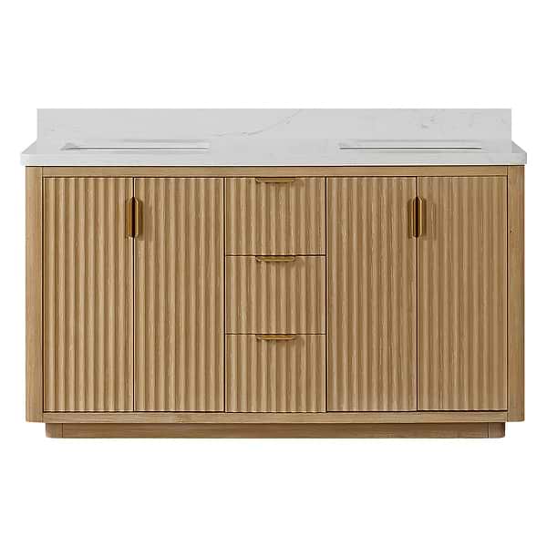 Solara Blonde Oak 60" Double Vanity with Bianco White Stone Top