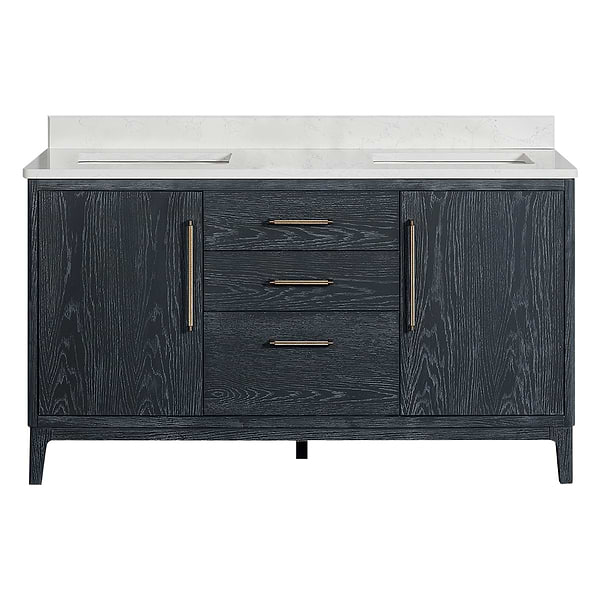 Kaitlin Navy Oak 60" Double Vanity with White Composite Stone Top
