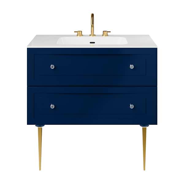 Alma Blue 36" Vanity with Gold Legs & Knobs with Integrated White Solid Surface Top