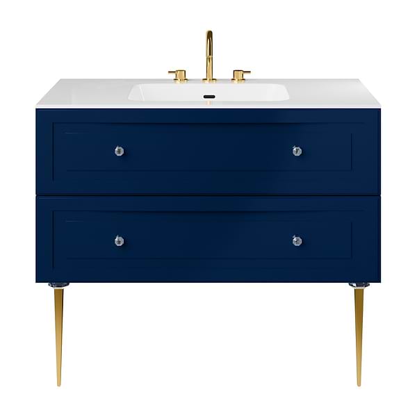 Alma Blue 42" Vanity with Gold Legs & Knobs with Integrated White Solid Surface Top