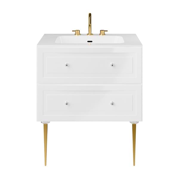 Alma White 30" Vanity with Gold Legs & Knobs with Integrated White Solid Surface Top