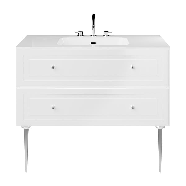 Alma White 42" Vanity with Chrome Legs & Knobs with Integrated White Solid Surface Top