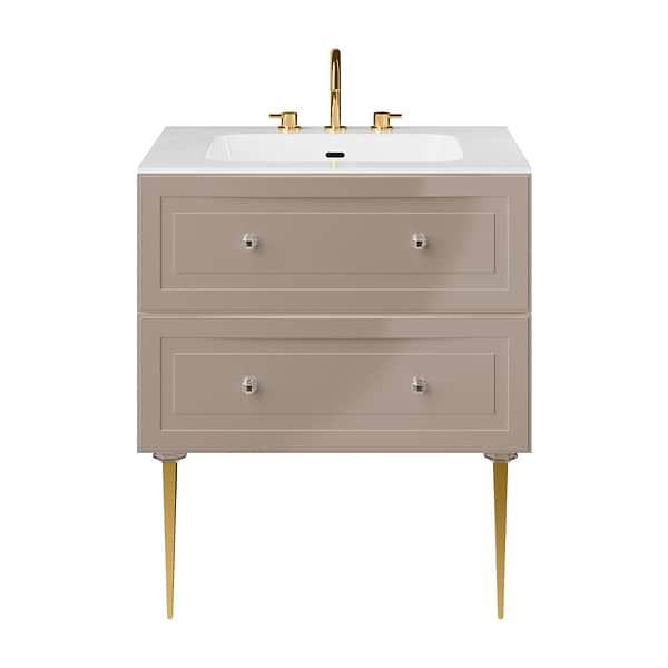 Alma Taupe 30" Vanity with Gold Legs & Knobs with Integrated White Solid Surface Top