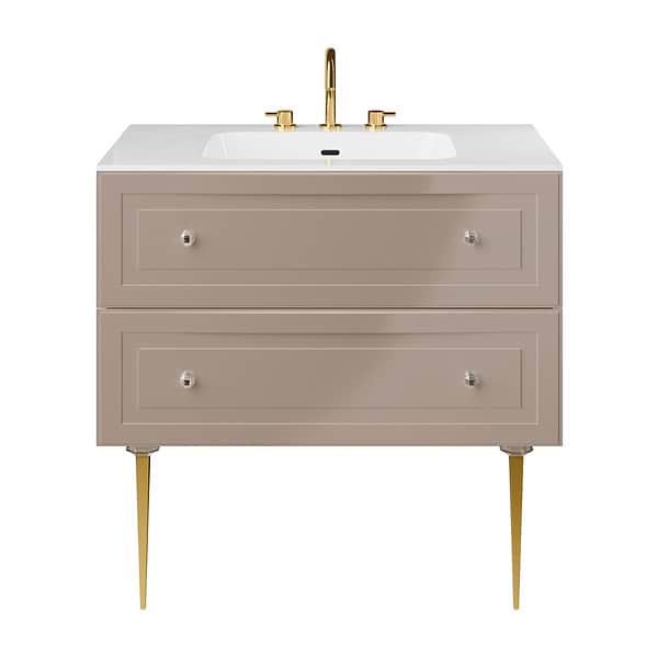 Alma Taupe 36" Vanity with Gold Legs & Knobs with Integrated White Solid Surface Top