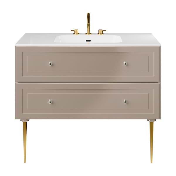 Alma Taupe 42" Vanity with Gold Legs & Knobs with Integrated White Solid Surface Top