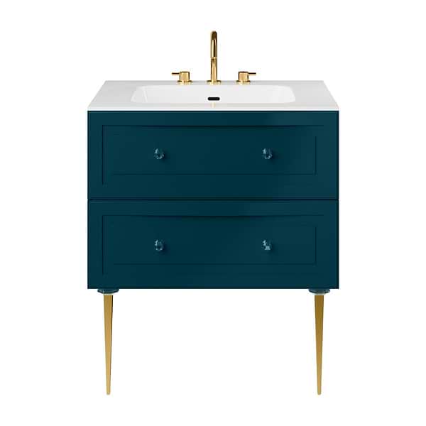 Alma Turquoise 30" Vanity with Gold Legs & Knobs with Integrated White Solid Surface Top