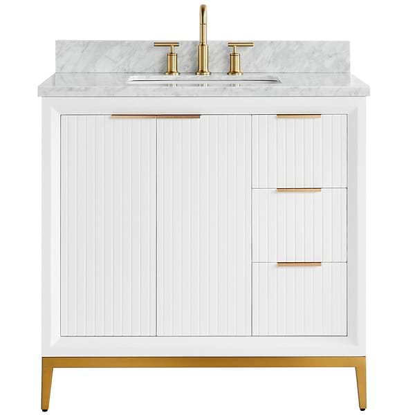 Bungalow White and Gold 36" Single Vanity with Carrara Marble Top