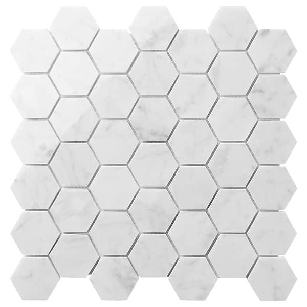 Bianco Carrara 2" Hexagon Polished Marble Mosaic Tile in White, View 6, open zoomed image