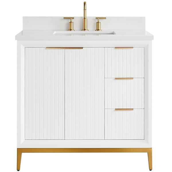 Bungalow White and Gold 36" Single Vanity with Pure White Quartz Top