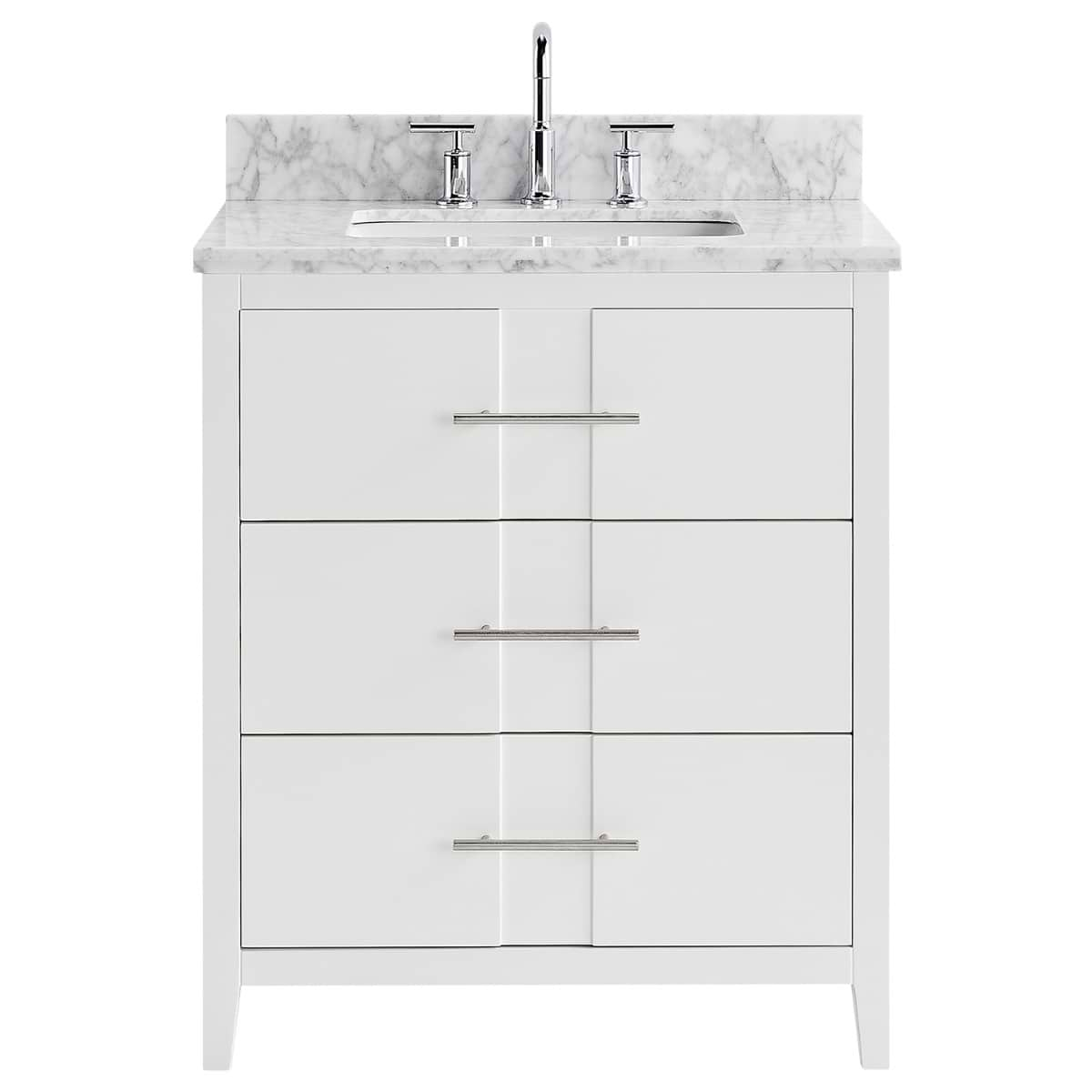 Iconic 30" White and Silver Vanity with Carrara Marble Top and Ceramic Basin