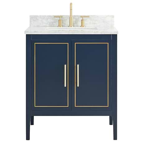 Province Navy and Gold 30" Single Vanity with Carrara Marble Top