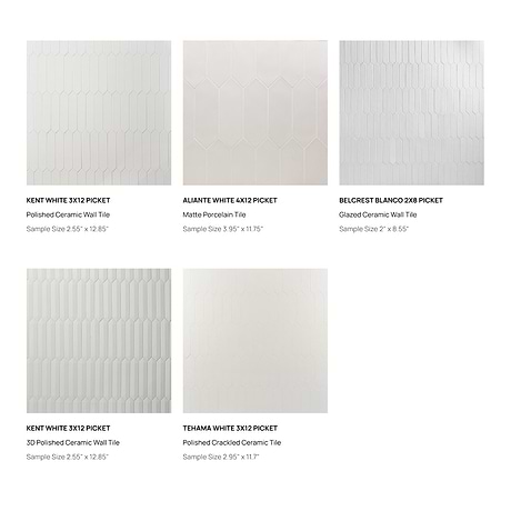 Top Selling White Picket Porcelain and Ceramic Tiles Sample Bundle (5)