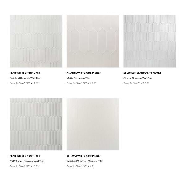 Top Selling White Picket Porcelain and Ceramic Tiles Sample Bundle (5)