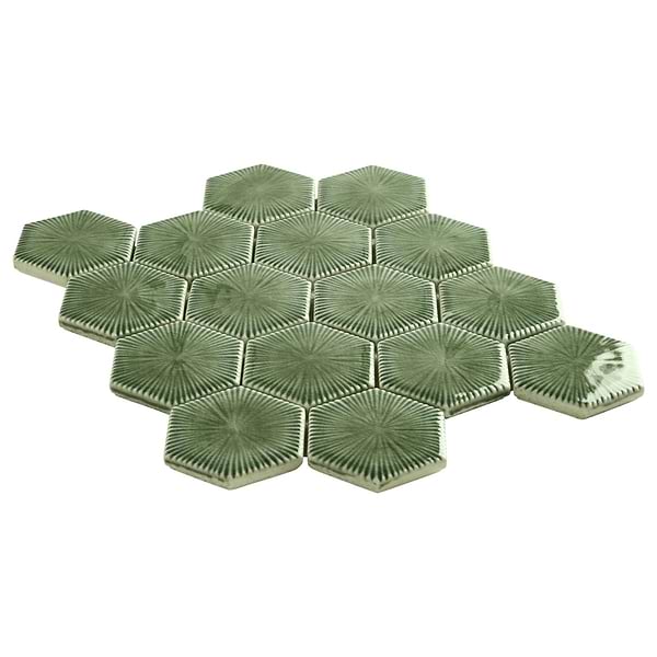Nabi Hexagon Fern Green 3" Crackled Glossy Glass Mosaic Tile