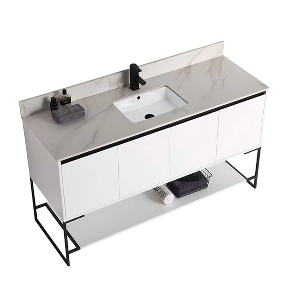 Amani 60" Matte White Single Vanity with Sintered Stone Carrara Top