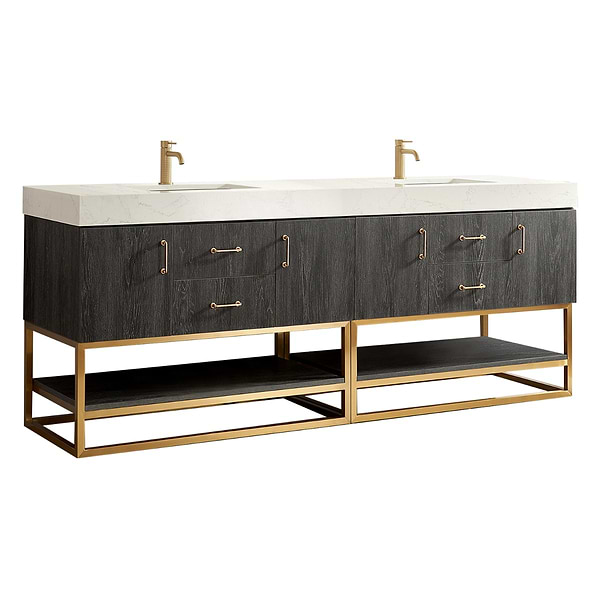 Ithica Black Oak 84" Double Vanity and Gold Hardware with Atlantic Stone Top
