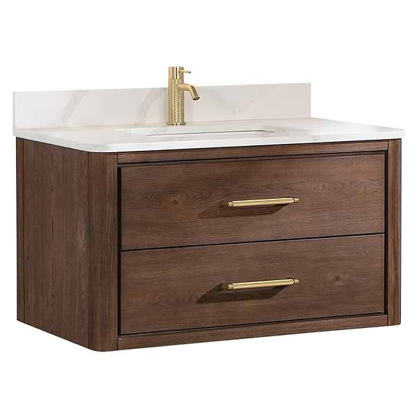 Riven Brown Oak 36" Single Vanity with Pacific White Quartz Top