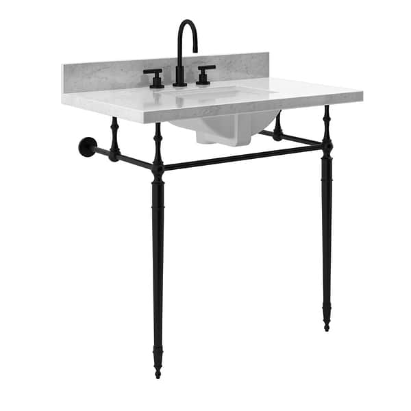 Napoleon Matte Black 30" Single Console with Carrara Marble Top Rectangle Sink and Backsplash