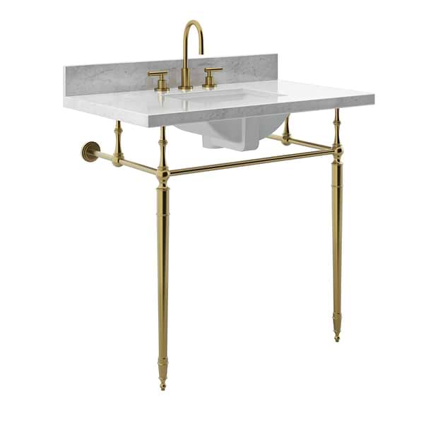 Napoleon Brushed Brass 30" Single Console with Carrara Marble Top Rectangle Sink and Backsplash