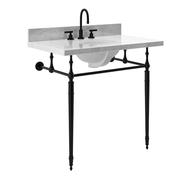 Napoleon Matte Black 30" Single Console with Carrara Marble Top Oval Sink and Backsplash