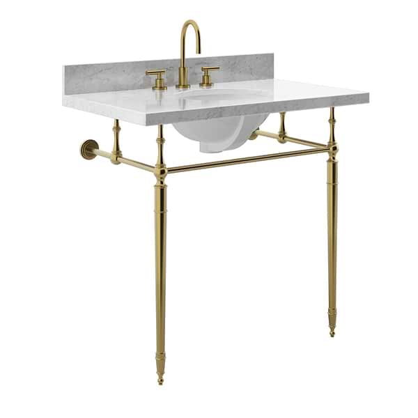 Napoleon Brushed Brass 36" Single Console with Carrara Marble Top Oval Sink and Backsplash