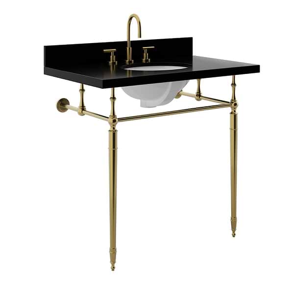 Napoleon Brushed Brass 36" Single Console with Black Granite Top Oval Sink and Backsplash