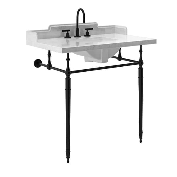 Napoleon Matte Black 36" Single Console with White Marble Top Rectangle Sink and Side Splash